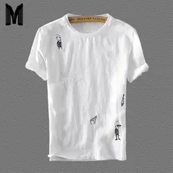 Мультфильм вышивка хлопок белье шить футболка с короткими рукавами Для мужчин бренд Повседневное белый мужской футболка Топы Азиатский