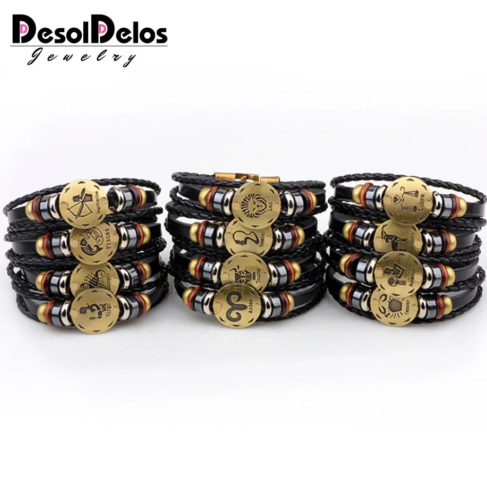 

Weaving Beaded Real Leather 12 Constellations Bracelets Men's Black Alloy Buckle Casual Punk Bracelets & Bangles Jewelry