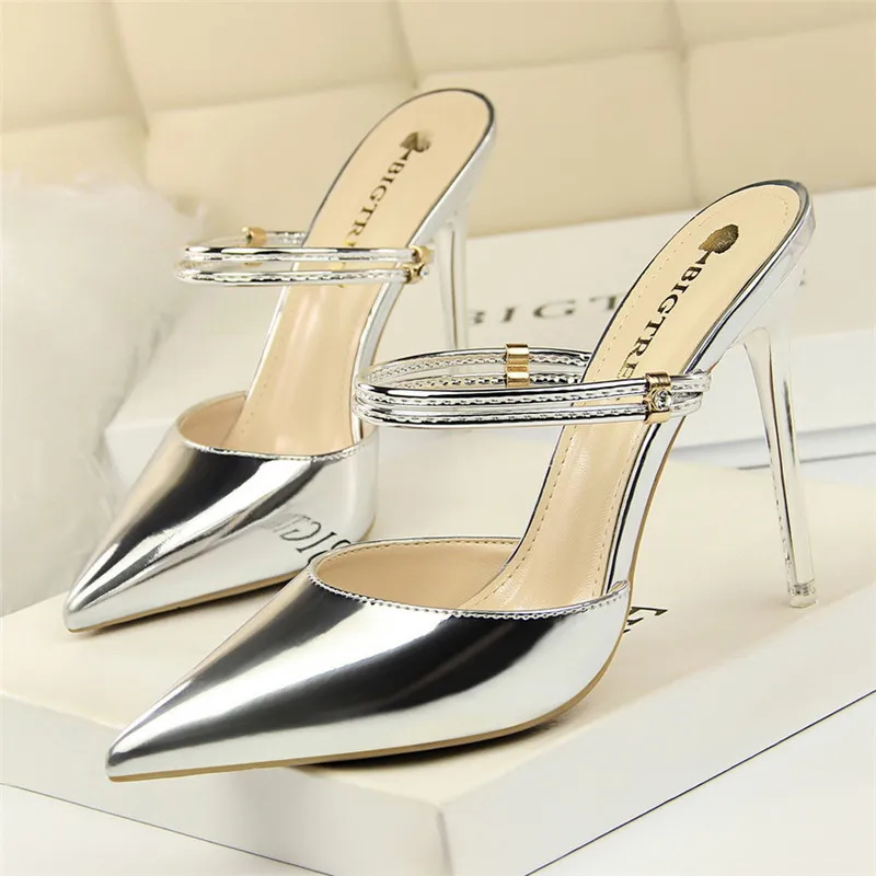 

Women Patent Leather Thin Heel Slippers Female Pointed Toe Slingback Pump Fashion Crystal Buckle High Heels Ladies Party Shoes