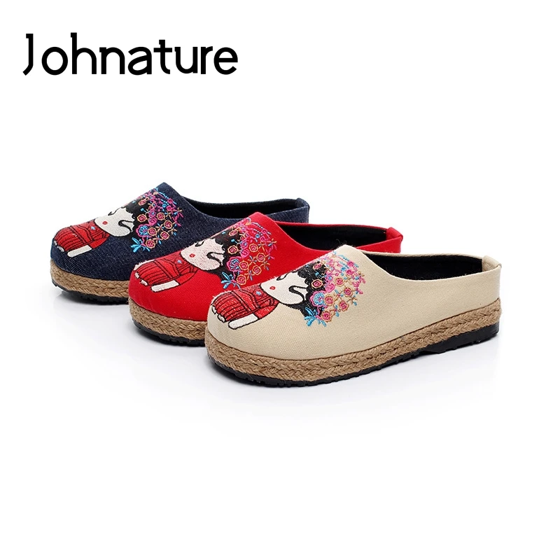 

Johnature 2019 New Summer Handmade Retro Breathable Round Toe Embroider Cloth Linen Cotton Shoes Outside Woman Slippers Slides