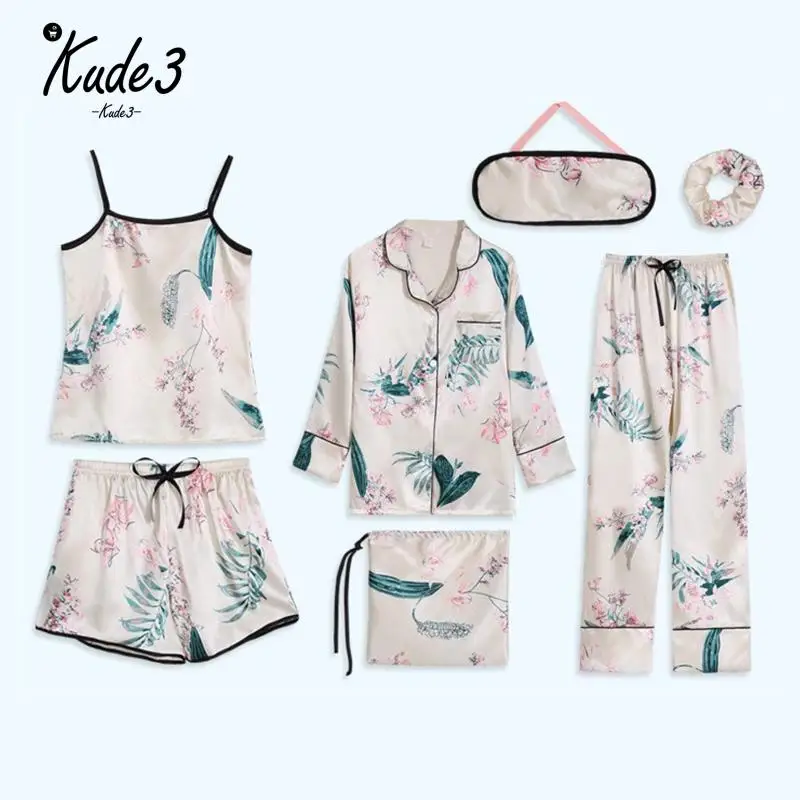 Розовая пижама в полоску женская из сатина и шелка 7 шт. женское белье для