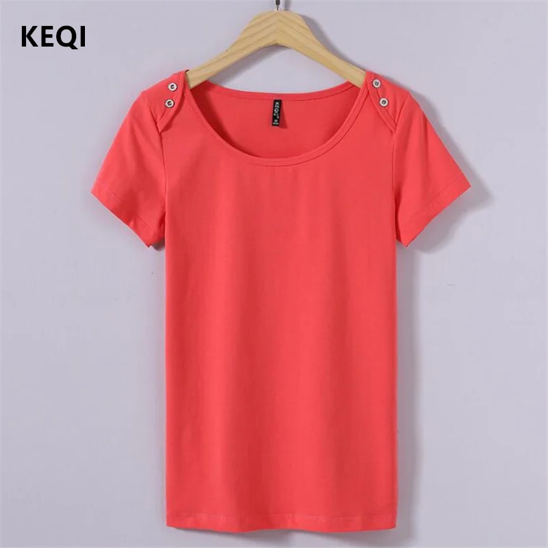

KEQI Fashion Summer T-shirt Women Ladies Boat Neck short Sleeve Button Decor Pure Color Slim T Shirt Casual Cotton Tee 1810