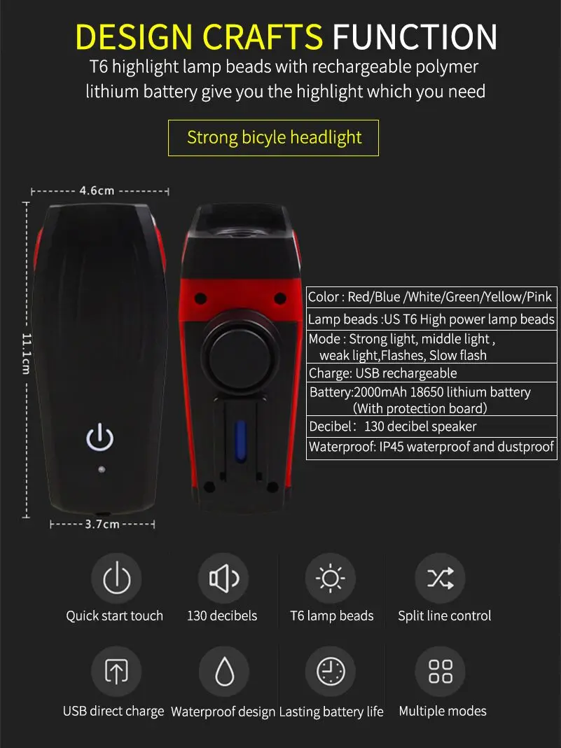 Best WEST BIKING Bicycle Front Light USB Lamp Bike 2000mAh 5 Modes Light For Bicycle Headlight Led Rechargeable With 130 db Speaker 1