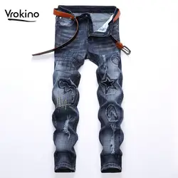 VROKINO, новинка 2019, мужские дизайнерские джинсы с вышивкой, модные голубые джинсы, узкие джинсы, стрейч, брендовая мужская одежда, 38 40 42