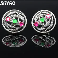 JINYAO круглые серьги-гвоздики для женщин роскошный Топ Зеленый и красный циркон проложили Белое золото цветная серьга Brincos Свадебные украшения