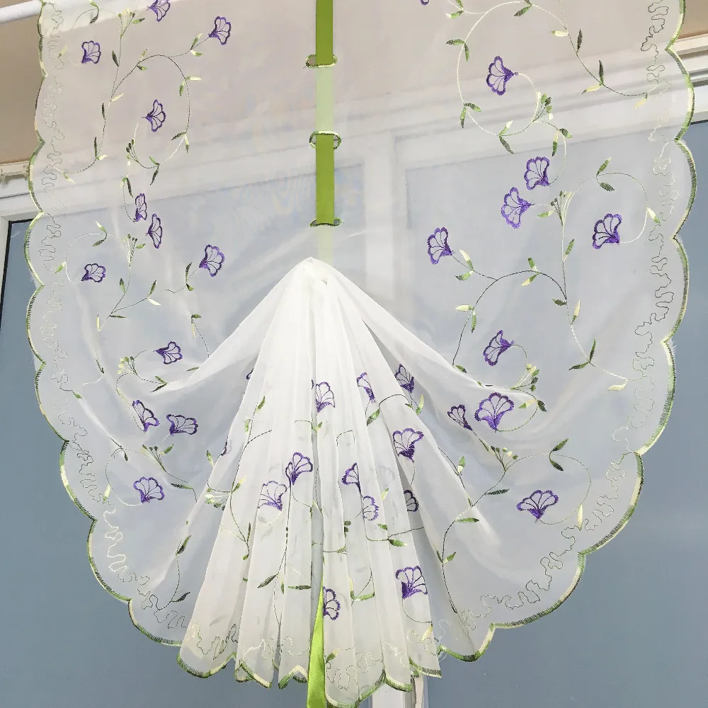 white Tulle curtain Purple flowers Embroidered Pattern , Balloon Window