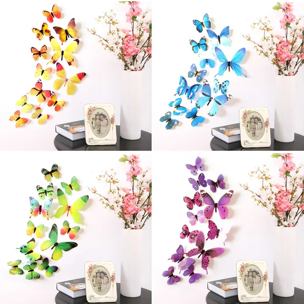 12 шт этикета стены декоративные наклейки для дома 3D Бабочка Радуга наклейки на стену, украшение анимальный Декор# ил