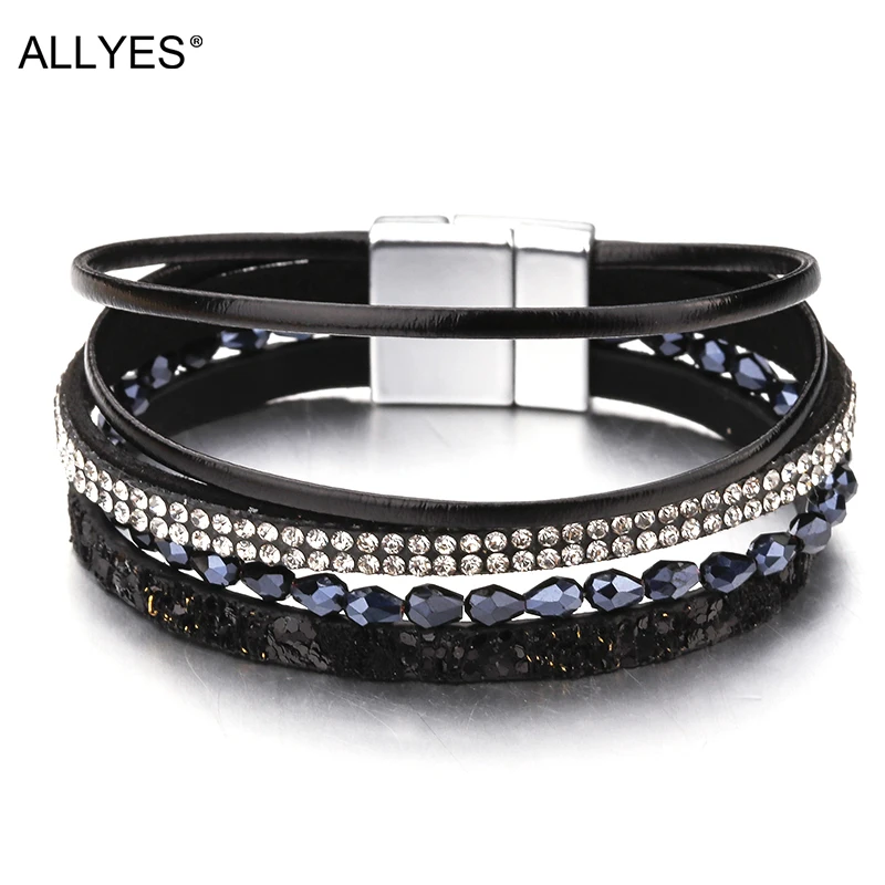 

ALLYES Slim Rope Leather Bracelets For Women Jewelry Trendy Crystal Acrylic Beads Wide Multilayer Bracelet Female Bijoux Femme