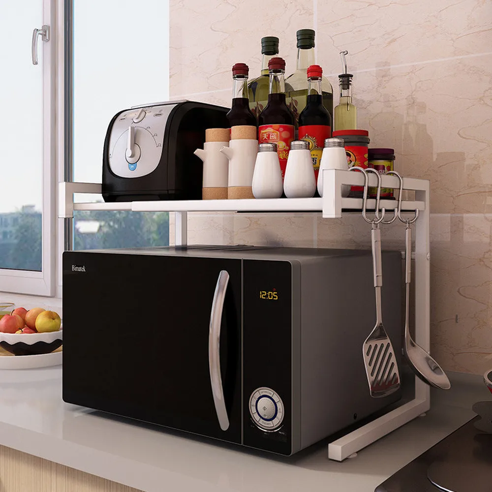  A1 Retractable microwave oven shelf 2 layer home kitchen multi-function black storage rack floor-st - 32916501333