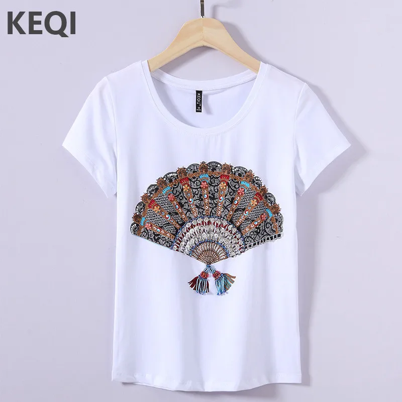 

KEQI Women's New Hot Sale Ethnic Style Tees Manual Beaded Diamond Colorful Fan Pattern Summer Short Sleeve T-shirt Female's Top