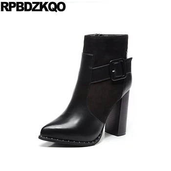 

Fur Winter Stud Elevator Black Sexy Pointy Shoes Elegant Side Zip Boots Platform Rivet Chunky Size 34 Pointed Toe Waterproof