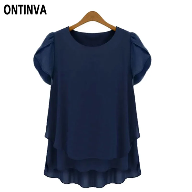 Plus Size Loose Chiffon Blouses for Women Navy Blue White Color ...