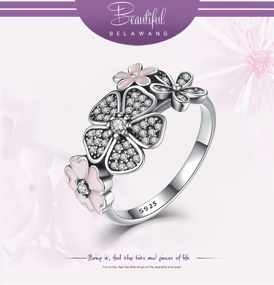 925 пробы Серебряный мерцающий букет, Розовая эмаль и прозрачный CZ Вишневый цветок маргаритки кольца на палец для женщин свадебный подарок