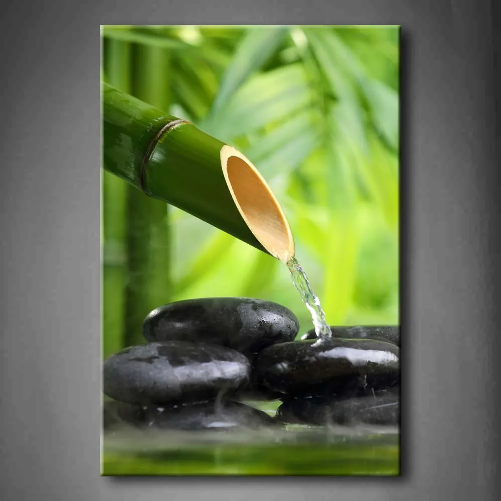 

1 Pic Framed Wall Art Pictures Spa Bamboo Fountain Zen Stone Canvas Print Botanical Posters With Wooden Frames For Decor