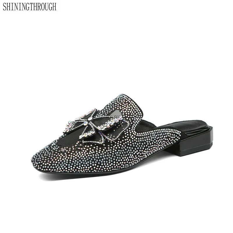 

2019 suede leather rhinestone women slippers female shoes summer slip on low heels mules wedding shoes size 41 42 43