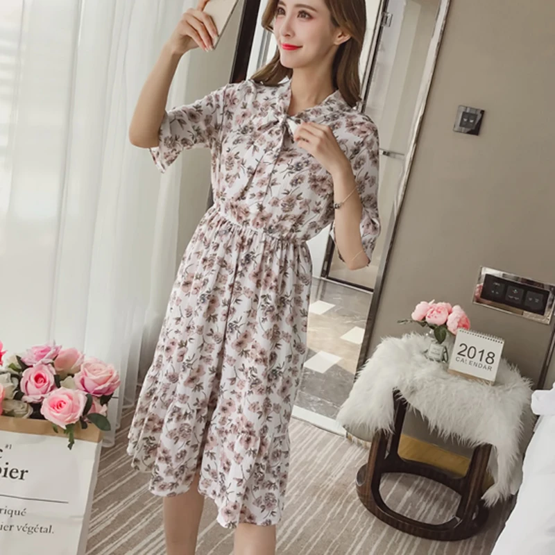 

New Bow Qualities Ladies Party Dress Female Slim Women Dresses Korean version Floral Casual Short Sleeve Spring and summer 247