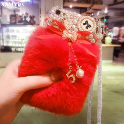 

Luxury Gem Bling Rabbit Plush Fur Pearl Bowknot Back Cover Case For Huawei Honor 20 8 9 10 lite 7X lite V20 Nova 4 5 Case