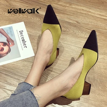 

Wellwalk Flyknit Textile Pumps Women Square Heel Shoes Ladies Dress Casual Shoe Pointed Toe Mixed Color Pump Female Office Lady