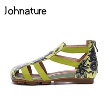 Johnature/повседневные летние сандалии из натуральной кожи на молнии удобная женская обувь на плоской подошве с этническим цветочным принтом в национальном стиле
