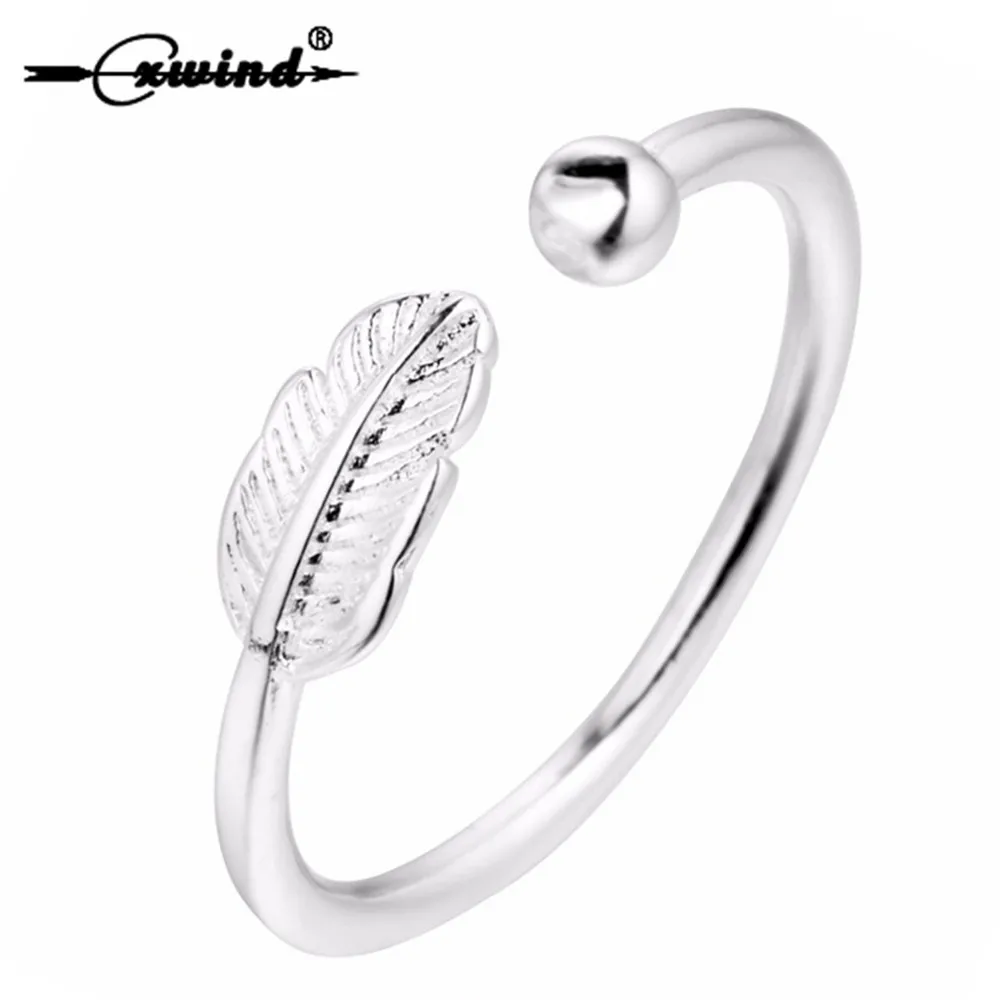Cxwind Unique Design Adjustable Feathers Leaf Bead Rings for Women Girl Party Graceful Finger Silvery Ring Statement Jewelry