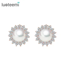 LUOTEEMI Deluxe Fashion Premium Rose Gold Plated Flower Shape Synthetic Pearl French Clip Stud Earring For Women Jewelry Wedding