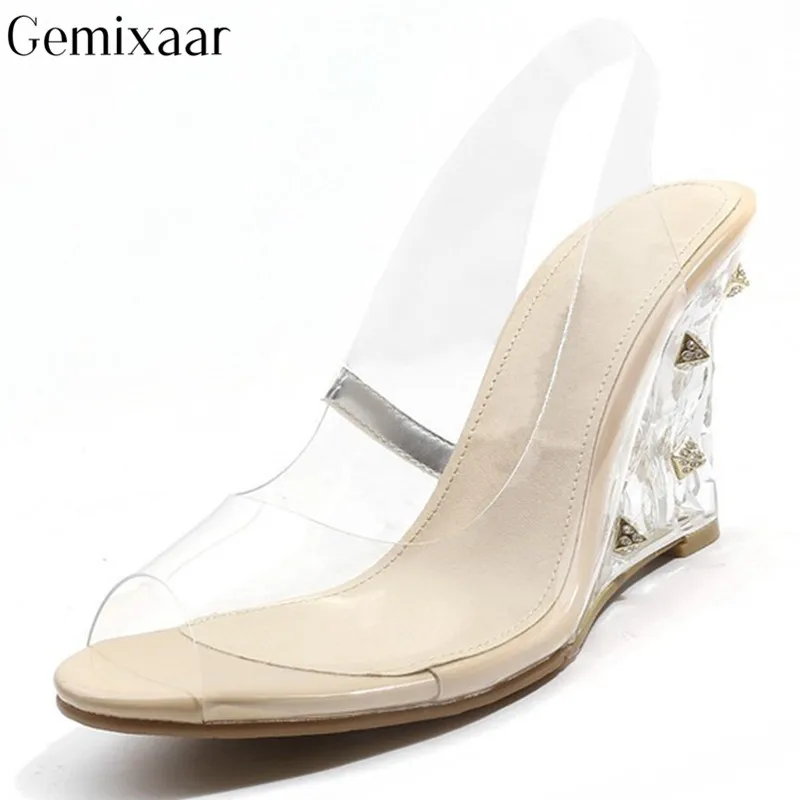 

Transparent PVC Wedges High Heel Studded Diamond Women Shoes Peep Toe Slim Shallow Sandalias Sexy Clear Color Sandals Woman