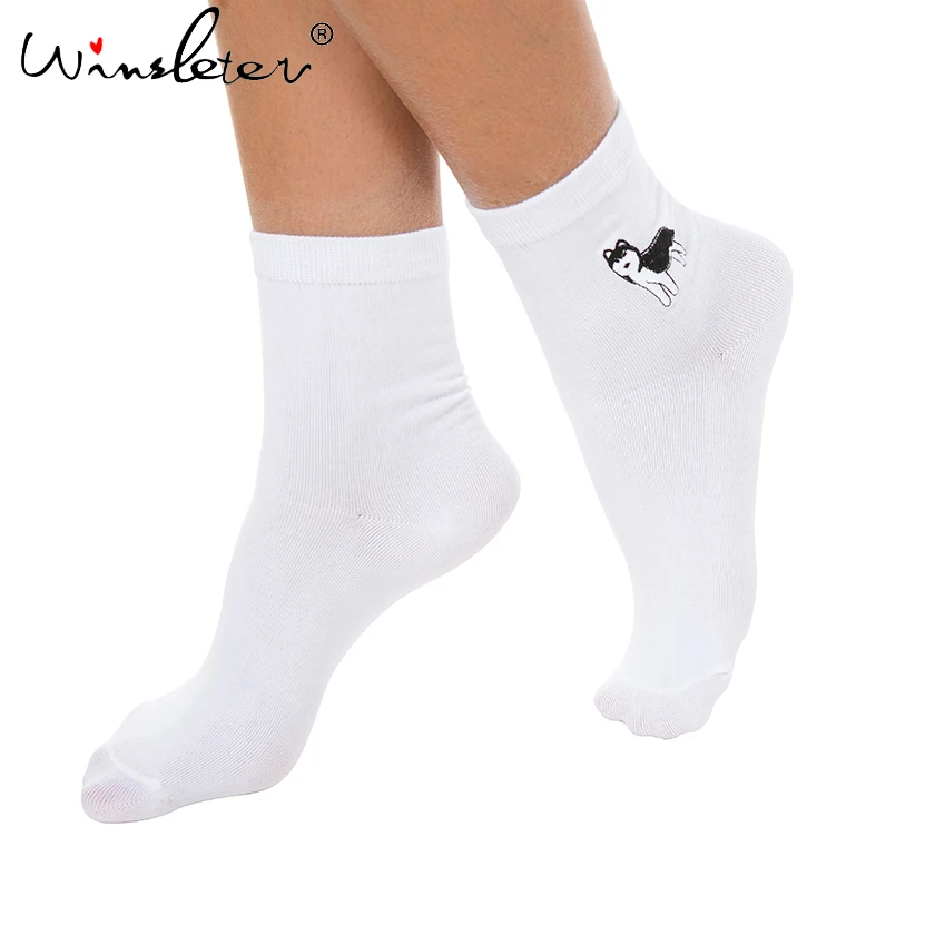 3 пары/партия, женские носки, белые носки с милыми животными, вышивка хаски, хлопковые Женские однотонные шелковые носки, забавные A73202