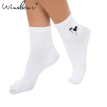 3 пары/партия, женские носки, белые носки с милыми животными, вышивка хаски, хлопковые Женские однотонные шелковые носки, забавные A73202