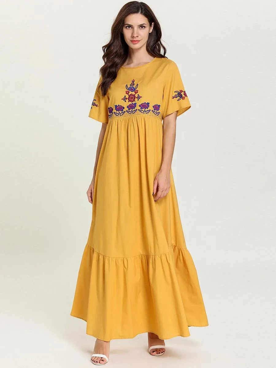 Женское длинное мусульманское платье с вышивкой желтое летнее abaya Femme Дубай