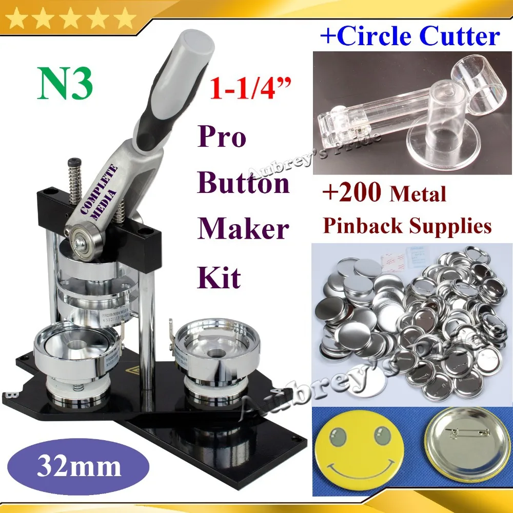 

NEW Pro N3 1-1/4":32mm Badge Button Maker Machine + Adjustable Circle Cutter+200 Sets of Metal Pinback Supplies