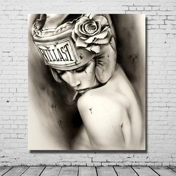 

HOT Big size Handpainted Oil Painting on Canvas Smoking wear a hat girl wall art picture for living room home decor