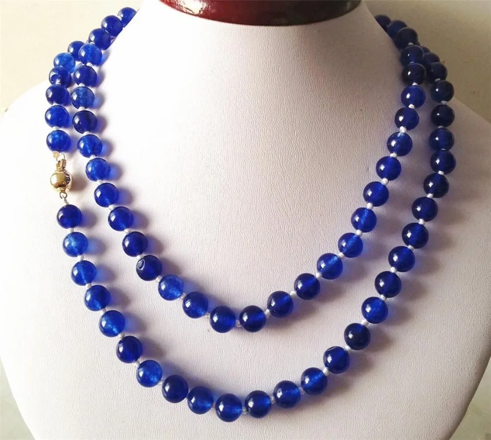 2017 Beautiful Blue 8MM Chalcedony Beads Necklace Rope Chain Beads
