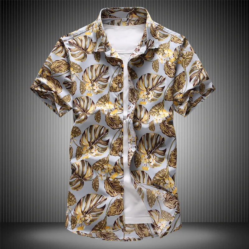 

2019 Summer Men's High Quality Gold Shirt Hawaiian Floral Shirts Short Sleeve Casual Shirt Great Printing Tops