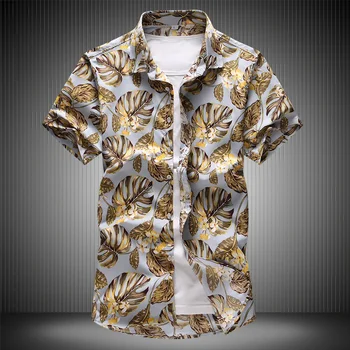

2019 Summer Men's High Quality Gold Shirt Hawaiian Floral Shirts Short Sleeve Casual Shirt Great Printing Tops