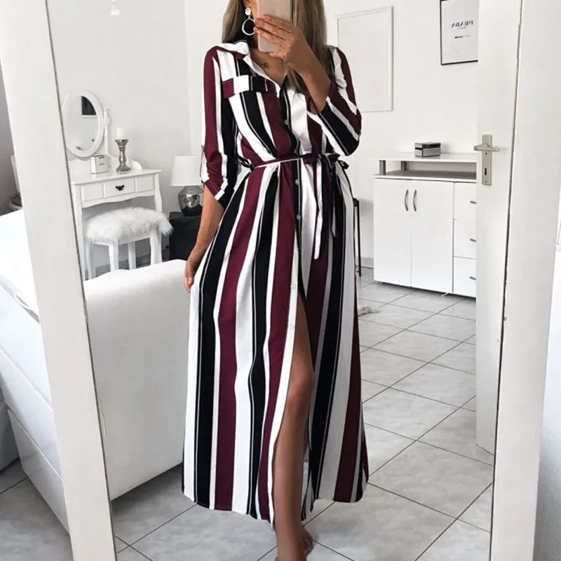 

2019 Fashion Women Dress Long Sleeve Tunic Belted Split Striped Long Ladies Shift Dress