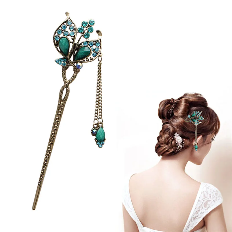 

Fashion Hairpin Rhinestone Hair Stick Women Elegant Butterfly Leaves Bobby Pin