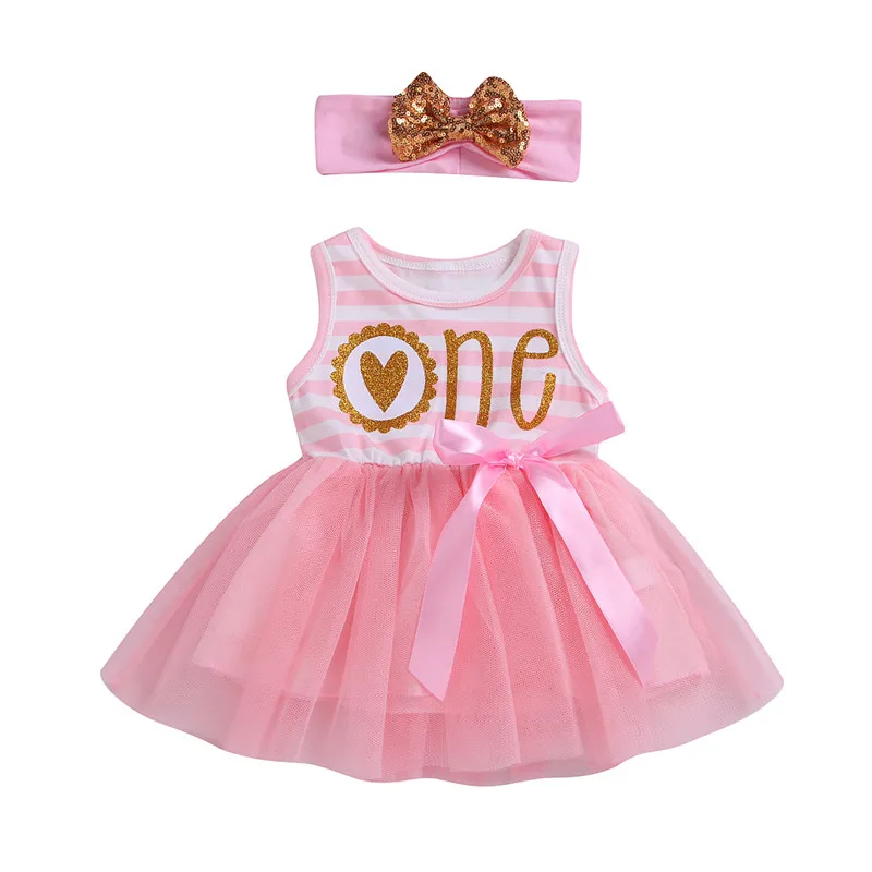 Платье для маленьких девочек 0-24 месяцев, розовое кружевное платье-пачка, платье в красно-белую полоску для девочек, принт с буквами для детей, подарок на 1 год - Цвет: Sleeveless
