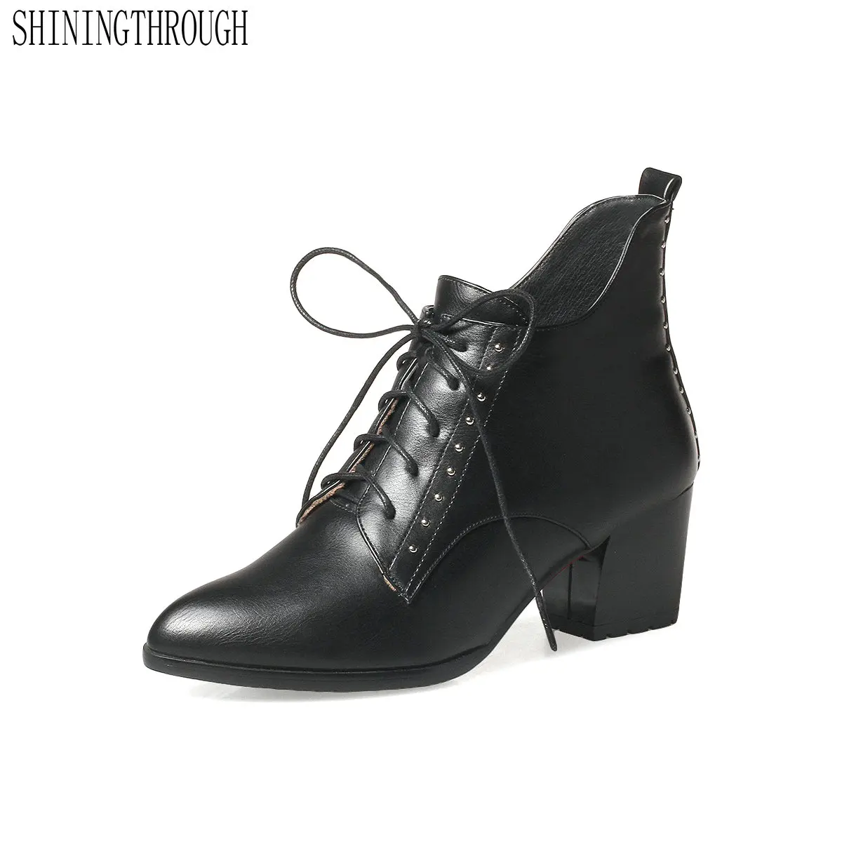 

SHININGTHROUGH 2018 Sexy Punk Women Boots Euro Style Square Heels Ankle Boots Fashion Motorcycle Boots Shoes