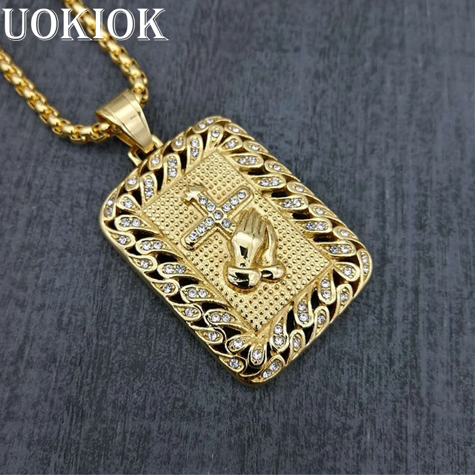 Хип хоп ледяной Bling Молитва Руки Крест Кулон Золотые Ожерелья золотой цвет