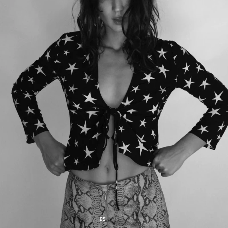 

Deep V-neck Sexy Women Front Drawsttring Lace Up Long Sleeve Top T-shirt Sexy Pattern Printed Spring Sexy Top Tee