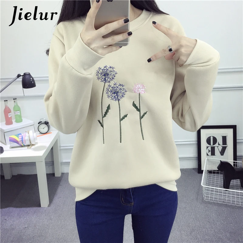 Jielur Одуванчик вышивка флис sudaderas mujer 2019 Новый Белый Синий базовый шик толстовки