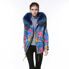 Zipper raccoon fur hooded coats jacket blue print women spring clothing