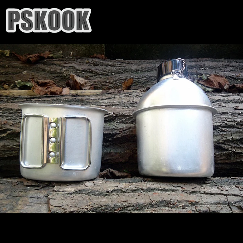 PSKOOK al aire libre cantimplora de aluminio botella de agua militar ejército bolso colgante botella Camping Set de cocina caja de almuerzo 1 Unidades