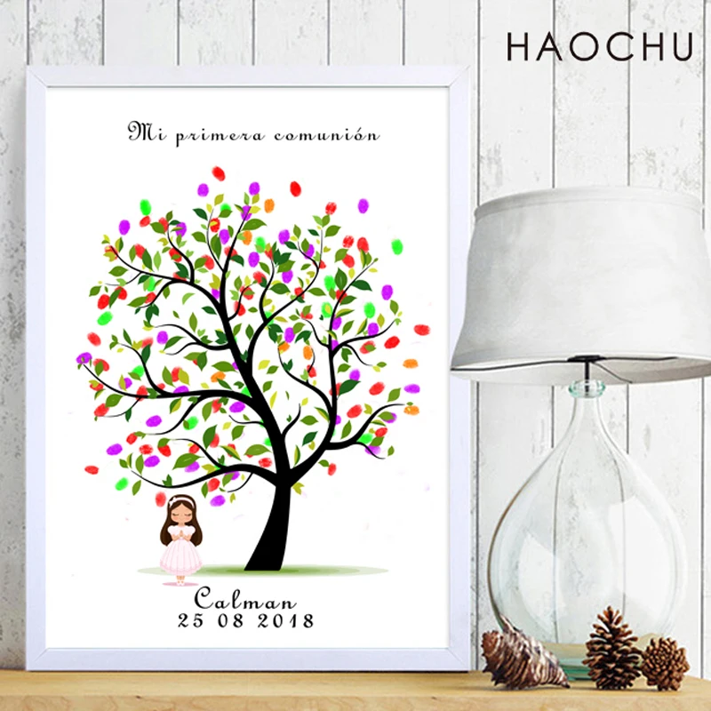 Canvas Fingerprint Signature DIY Guest Book For Girls Mi Primera Communion Souvenir Free Custom Name Date Gift For Girls Baptism