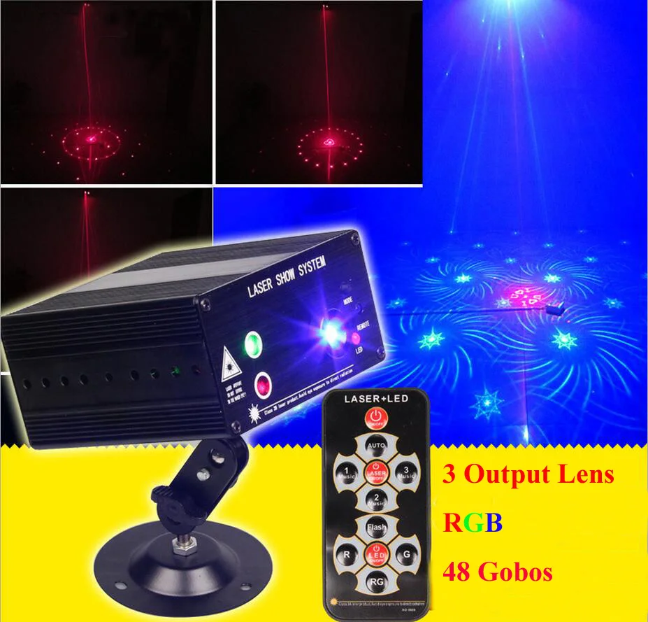 AOBO Lighting 3 Lens 48 Patterns Mixing Laser Projector Stage Lighting Effect Blue LED Stage Lights