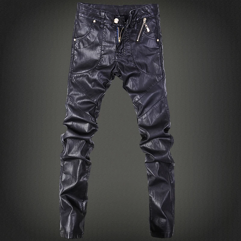 trend new black Slim leather pants personality zipper stitching leather pants fashion youth motorcycle male
