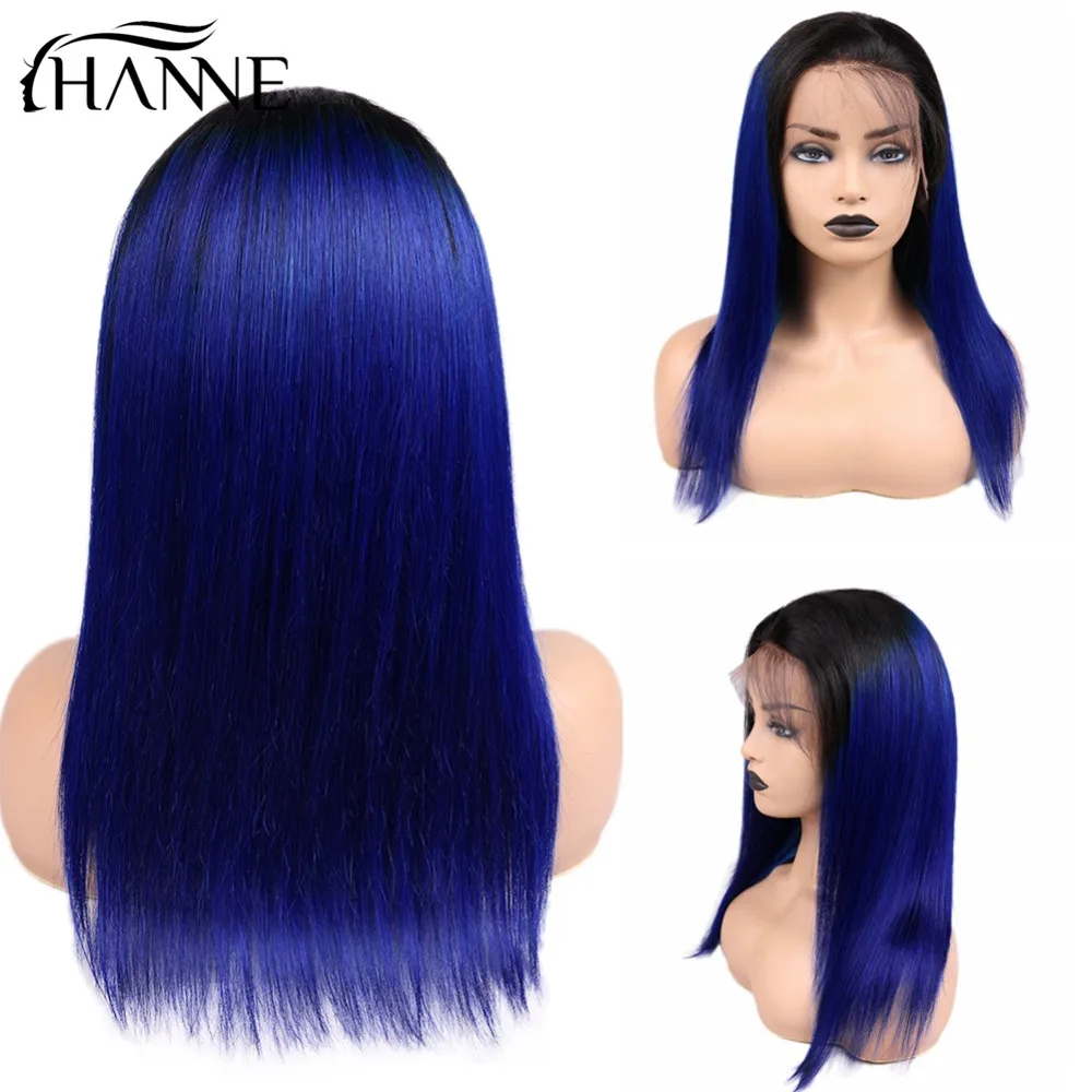 HANNE волосы 13x4 фронтальные человеческие волосы парики предварительно сорвал с Детские волосы прямые Перу парик из натуральных волос Ombre 1B/синий цвет для женщин