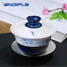 245 мл округ дехуа творческий ручная роспись Винтаж синий лотосов и стрекоз; Керамика фарфор крышки Чаша Блюдо Набор "Кунг-фу" Чай Горшок Подарок