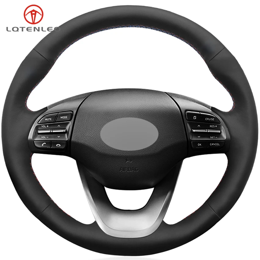 LQTENLEO Black Genuine Leather DIY Hand stitched Car Steering Wheel