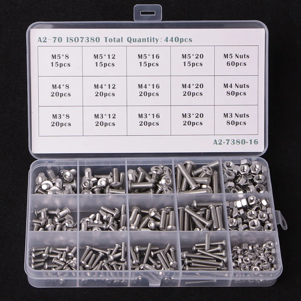 440PCS Hex Socket Screws Stainless Steel Button Head Bolts Nuts Kit Set Screw Kit